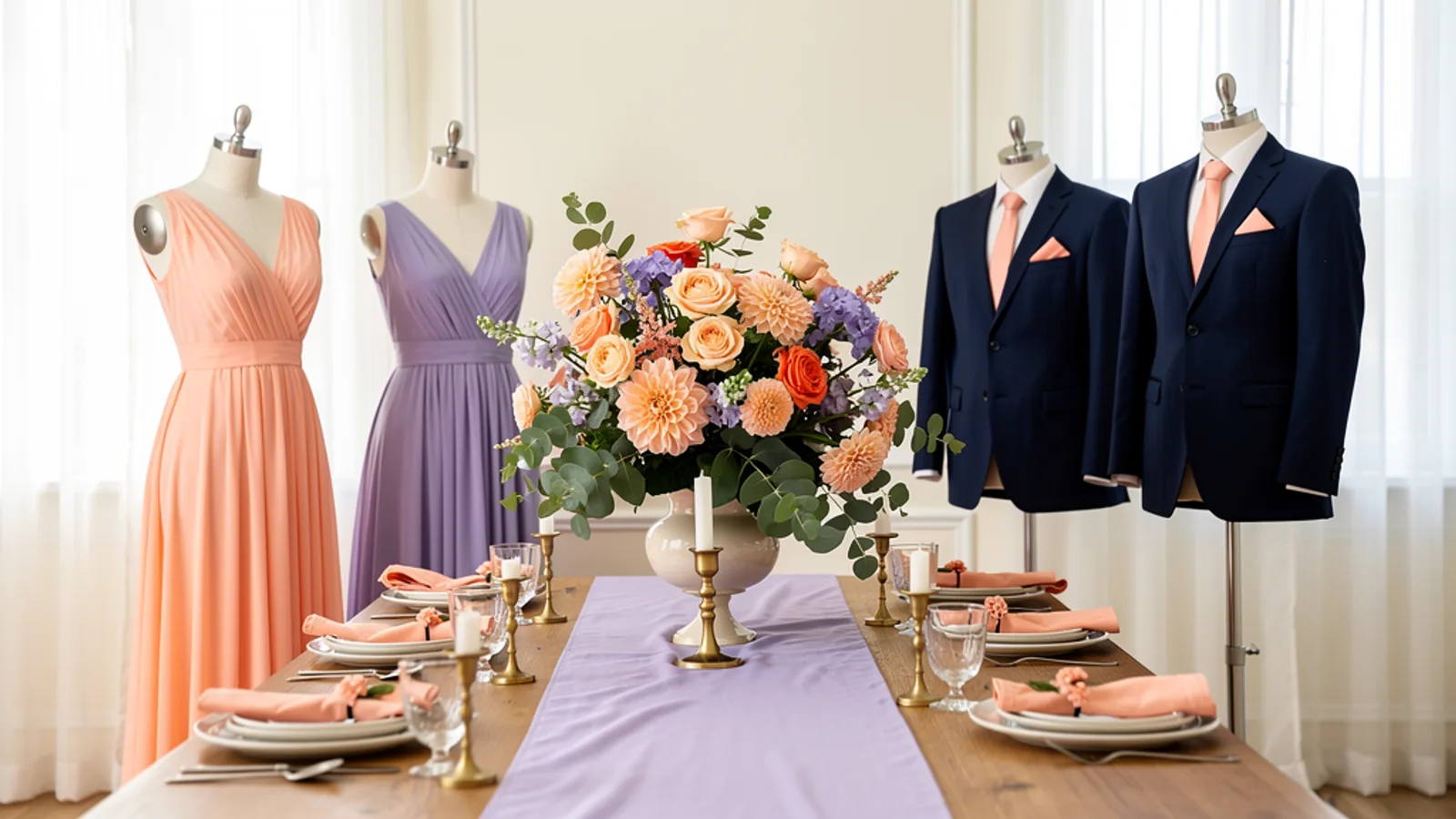 Peach Blossom & Lavender wedding color palette shown on bridesmaid dresses, groomsmen suits, florals, and a styled table