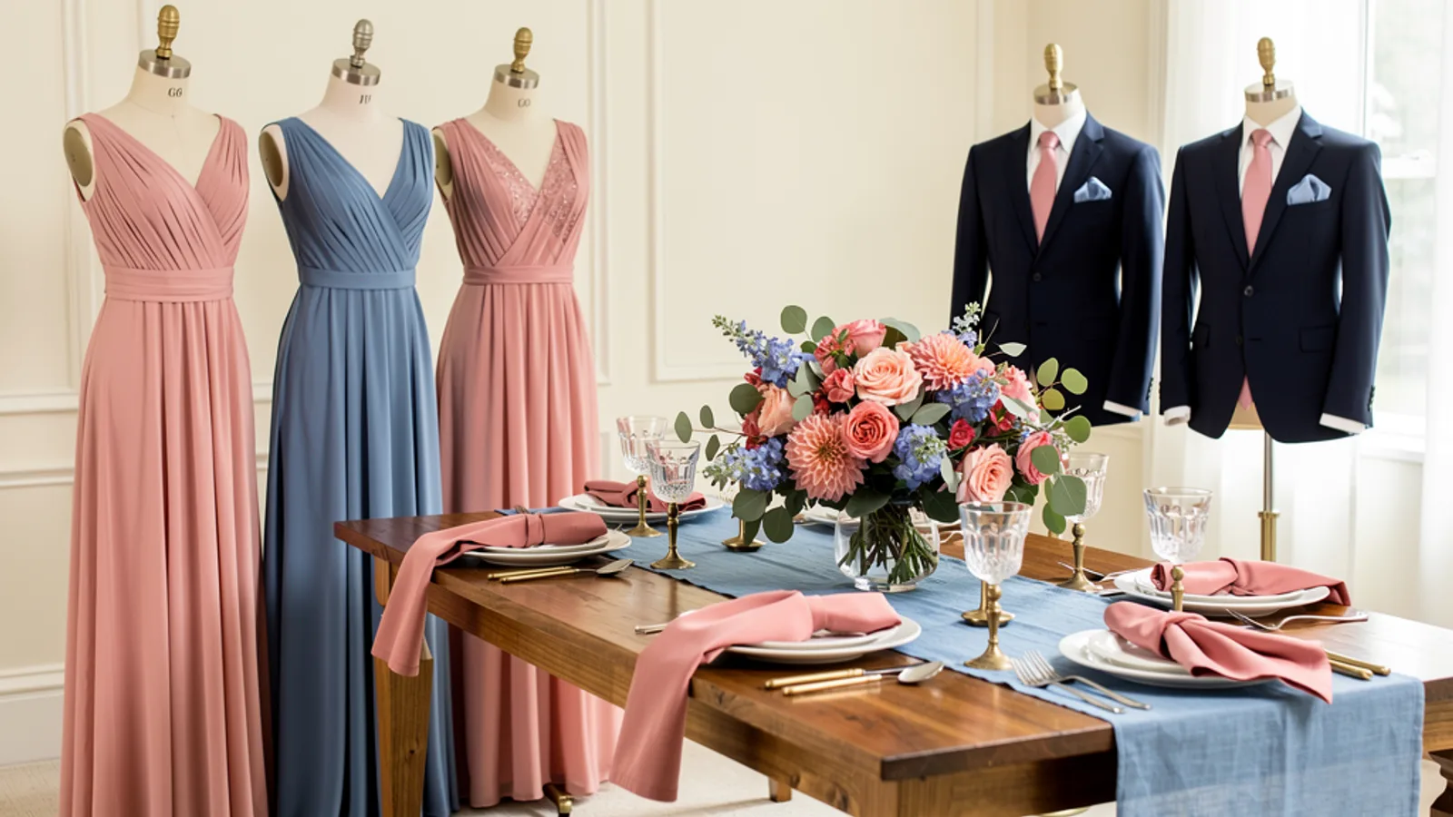 Rose Quartz & Serenity wedding color palette shown on bridesmaid dresses, groomsmen suits, florals, and a styled table