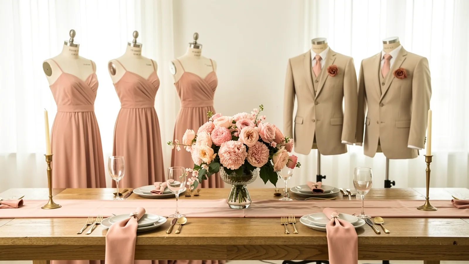 Blush & Greige wedding color palette shown on bridesmaid dresses, groomsmen suits, florals, and a styled table