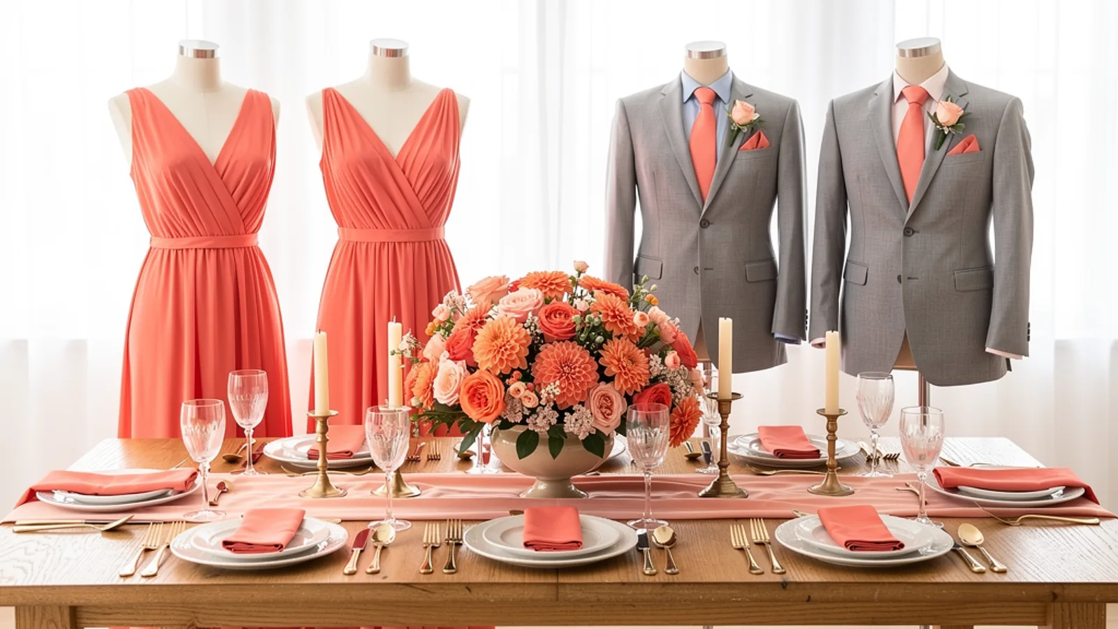 Coral & Blush wedding color palette shown on bridesmaid dresses, groomsmen suits, florals, and a styled table