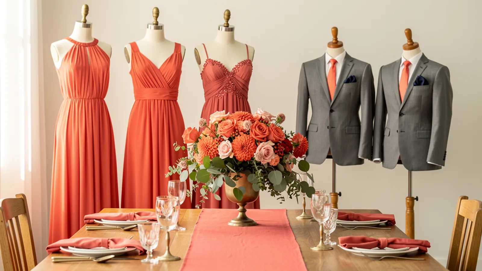 Coral & Navy wedding color palette shown on bridesmaid dresses, groomsmen suits, florals, and a styled table