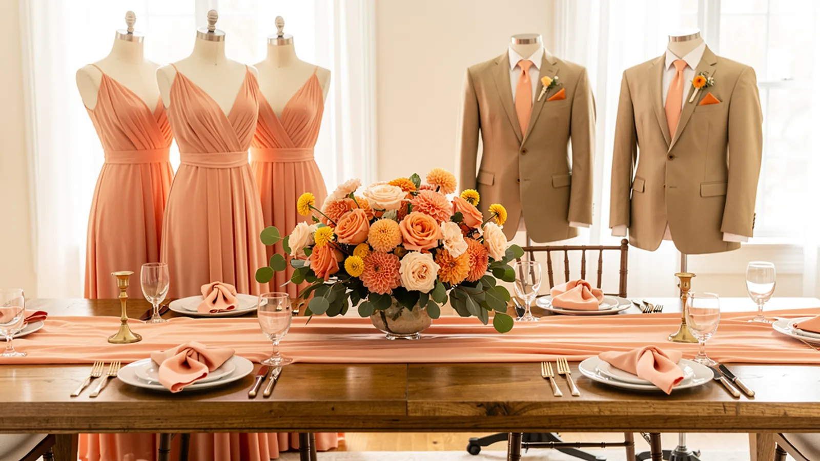 Golden Orchard wedding color palette shown on bridesmaid dresses, groomsmen suits, florals, and a styled table