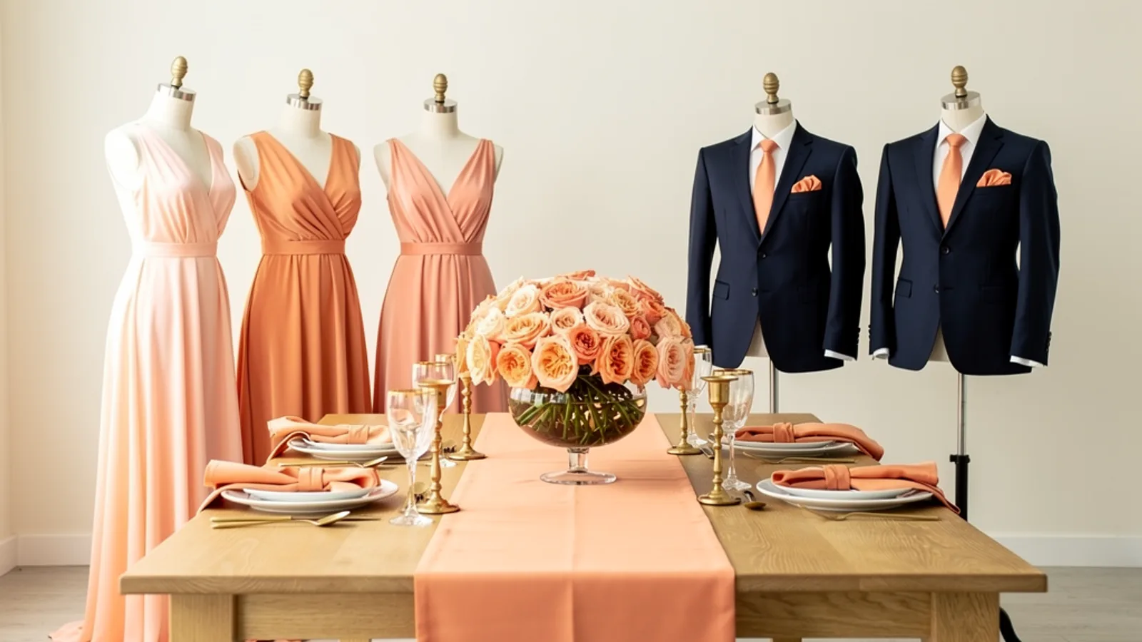 Peach & Cream wedding color palette shown on bridesmaid dresses, groomsmen suits, florals, and a styled table