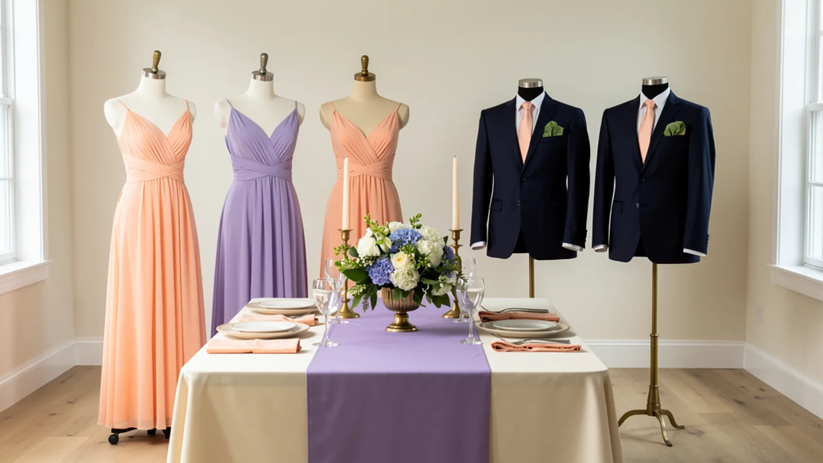 Peach & Lilac Bloom wedding color palette shown on bridesmaid dresses, groomsmen suits, florals, and a styled table