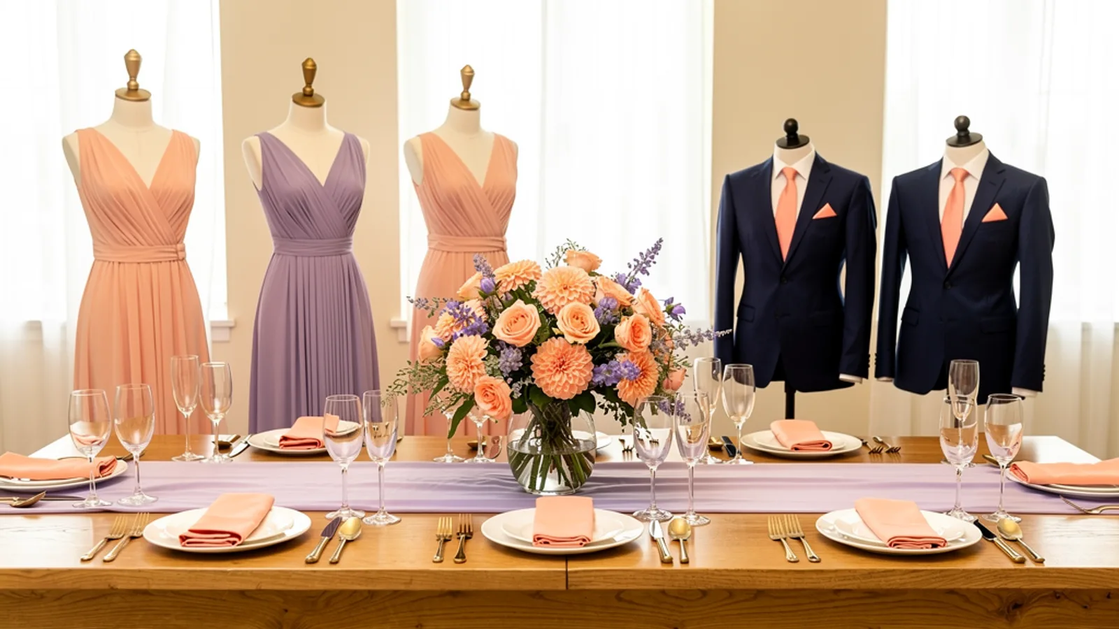 Peach Blossom & Lavender wedding color palette shown on bridesmaid dresses, groomsmen suits, florals, and a styled table