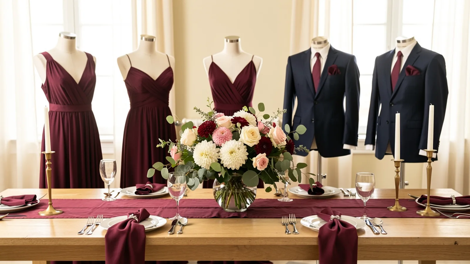 Aubergine & Marsala wedding color palette shown on bridesmaid dresses, groomsmen suits, florals, and a styled table