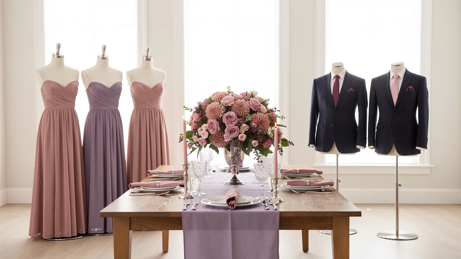 Dusty Rose & Lilac wedding color palette shown on bridesmaid dresses, groomsmen suits, florals, and a styled table