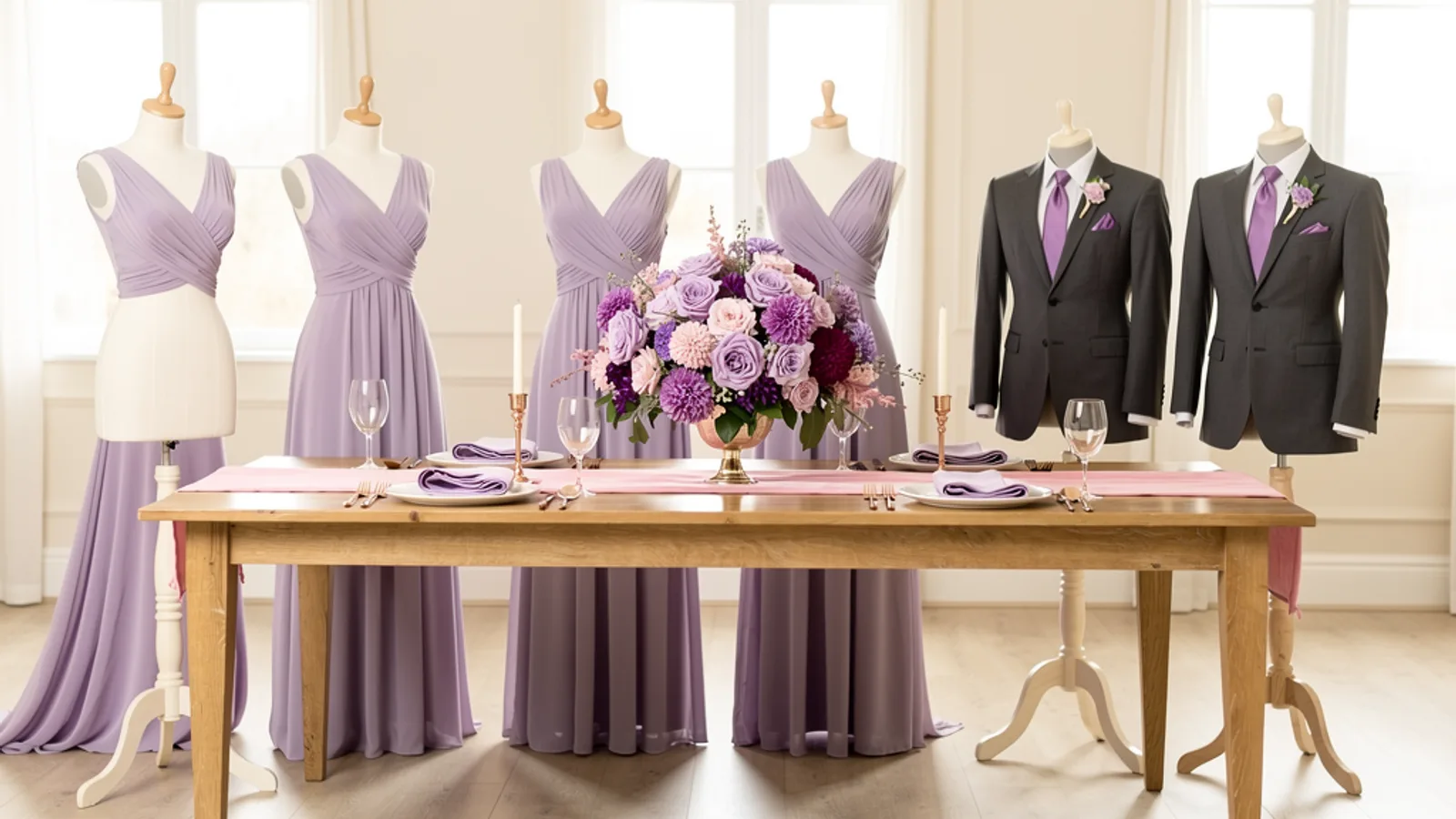 Lavender & Rose Gold wedding color palette shown on bridesmaid dresses, groomsmen suits, florals, and a styled table