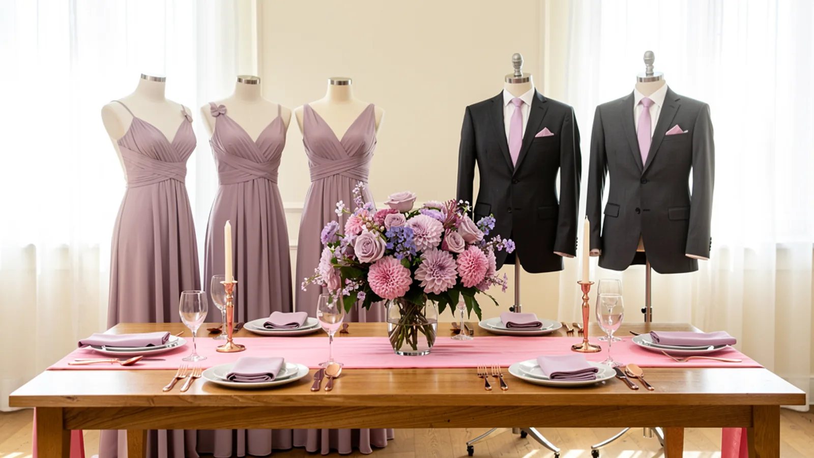 Pale Plum & Bubblegum wedding color palette shown on bridesmaid dresses, groomsmen suits, florals, and a styled table