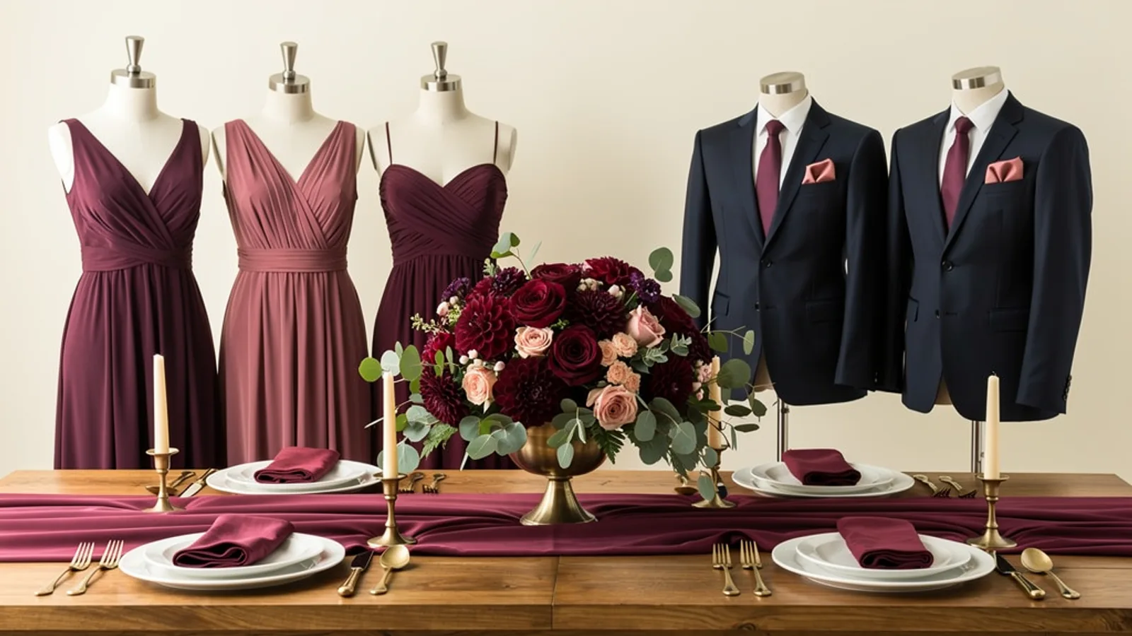 Plum & Dusty Rose wedding color palette shown on bridesmaid dresses, groomsmen suits, florals, and a styled table