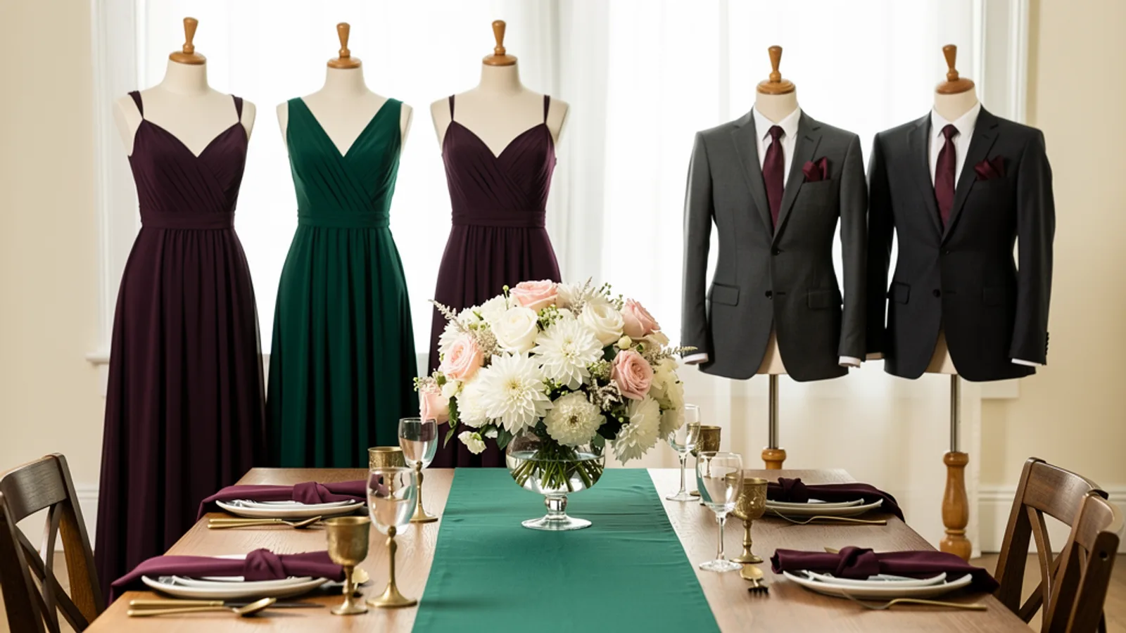 Plum & Emerald wedding color palette shown on bridesmaid dresses, groomsmen suits, florals, and a styled table
