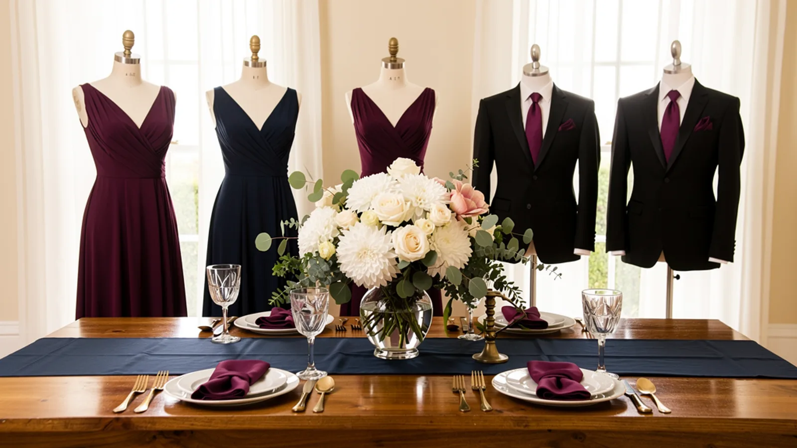 Plum & Navy wedding color palette shown on bridesmaid dresses, groomsmen suits, florals, and a styled table