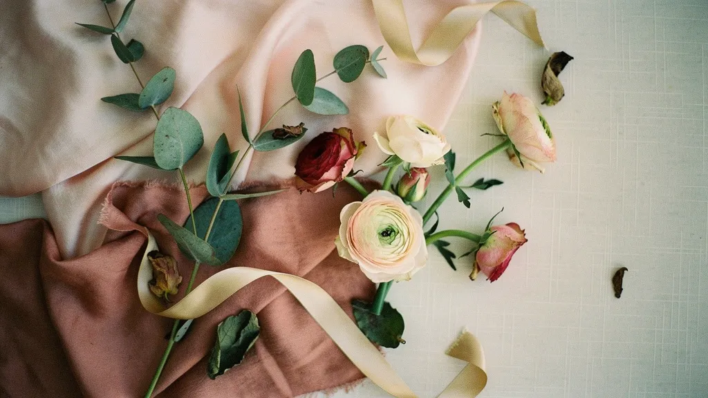A small floral arrangement of garden roses and ranunculus with eucalyptus leaves laid on an ivory linen surface, viewed from above.