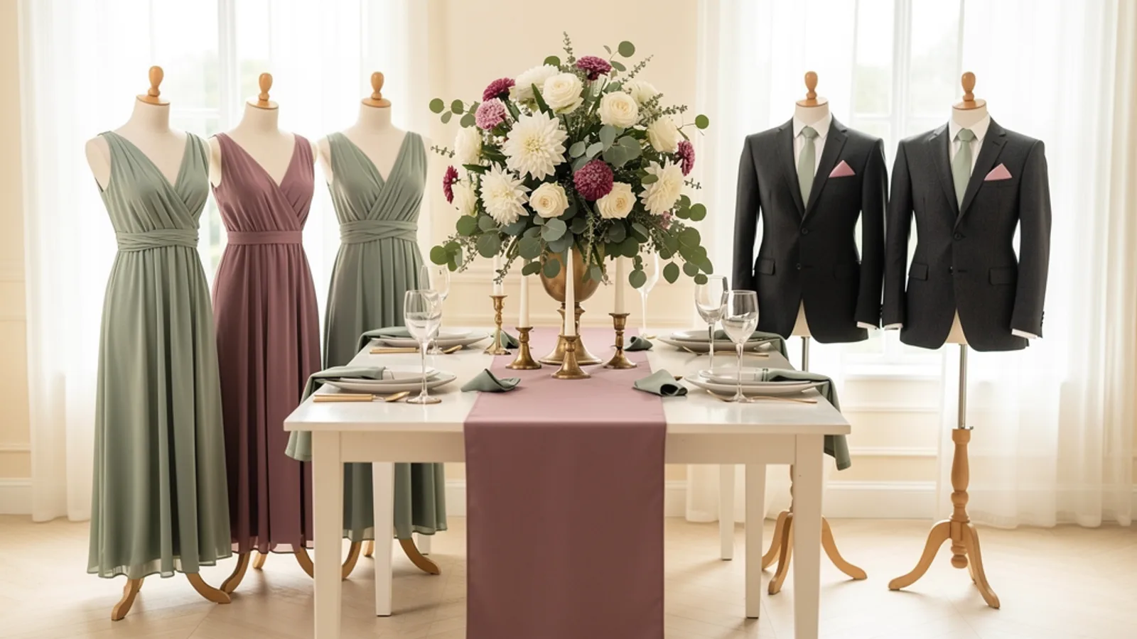 Mauve & Sage wedding color palette shown on bridesmaid dresses, groomsmen suits, florals, and a styled table