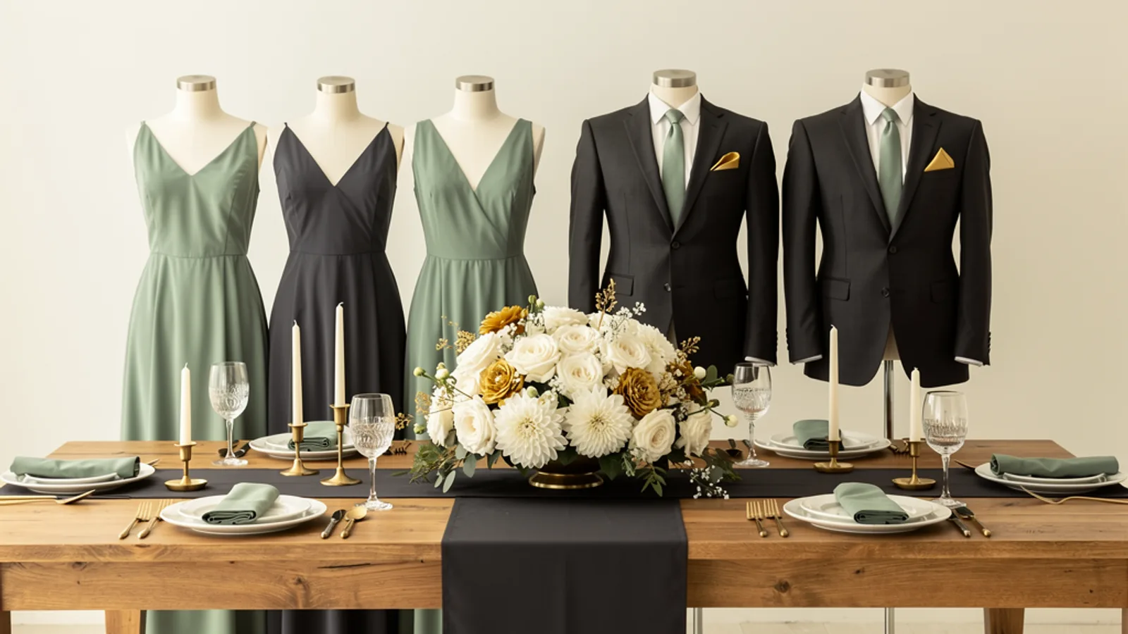 Quiet Luxury wedding color palette shown on bridesmaid dresses, groomsmen suits, florals, and a styled table
