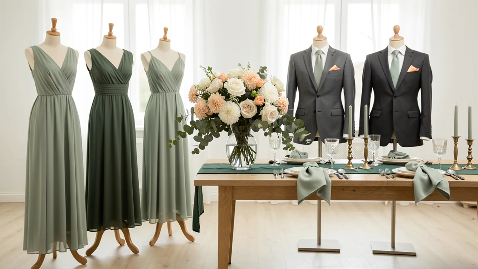 Sage, Peach & Lilac wedding color palette shown on bridesmaid dresses, groomsmen suits, florals, and a styled table