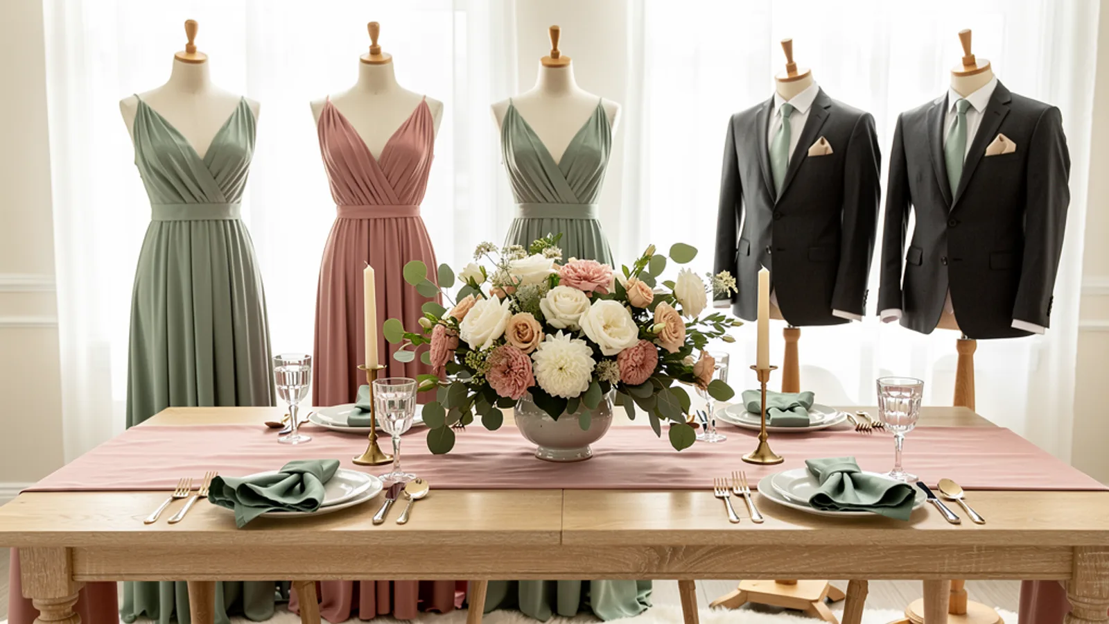 Secret Garden wedding color palette shown on bridesmaid dresses, groomsmen suits, florals, and a styled table