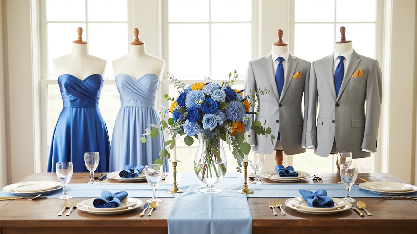 Cornflower & Cream wedding color palette shown on bridesmaid dresses, groomsmen suits, florals, and a styled table