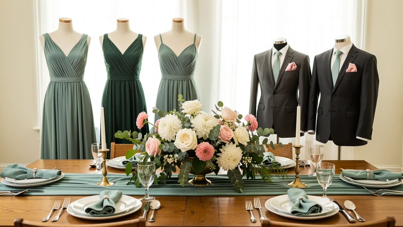 Eucalyptus & Peony wedding color palette shown on bridesmaid dresses, groomsmen suits, florals, and a styled table