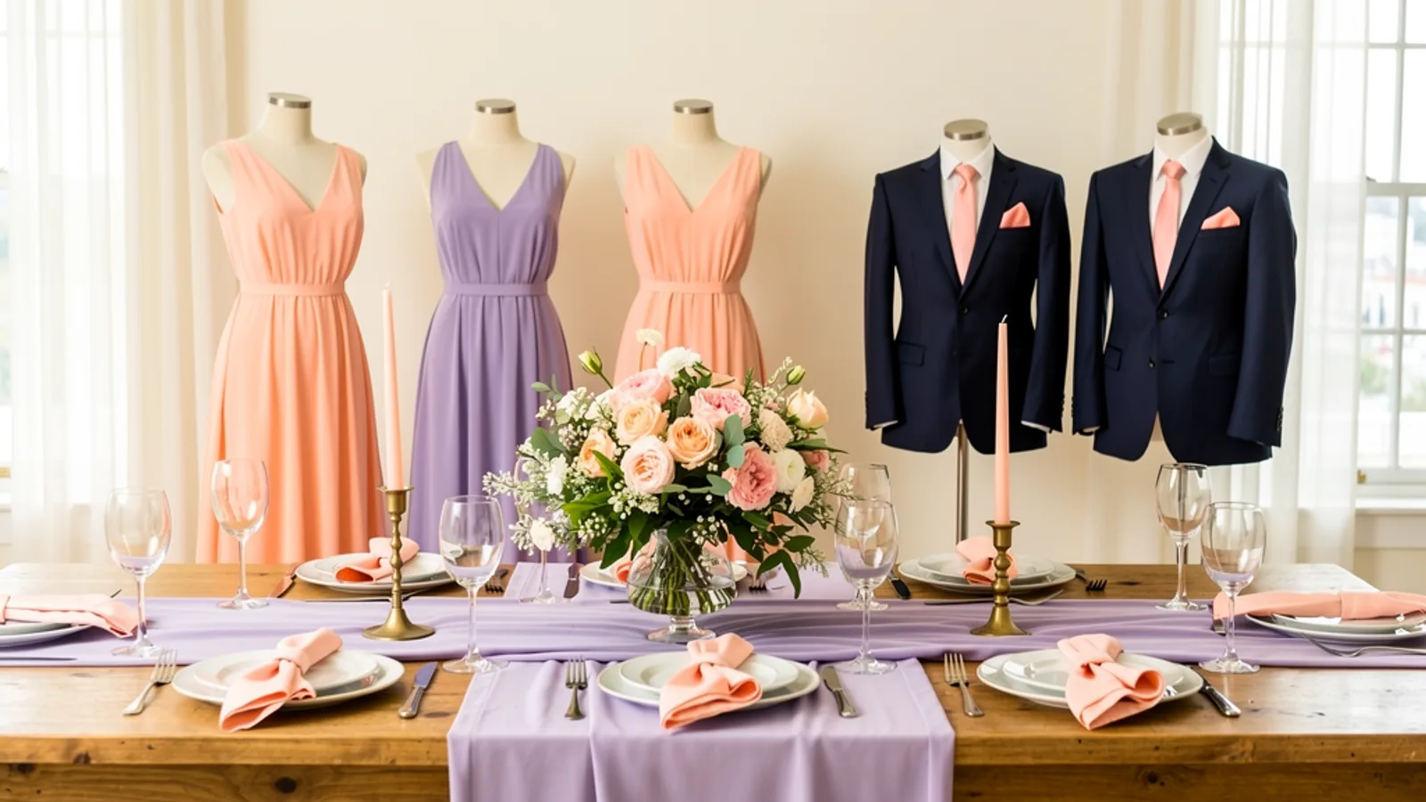 Peach Blossom & Lavender wedding color palette shown on bridesmaid dresses, groomsmen suits, florals, and a styled table