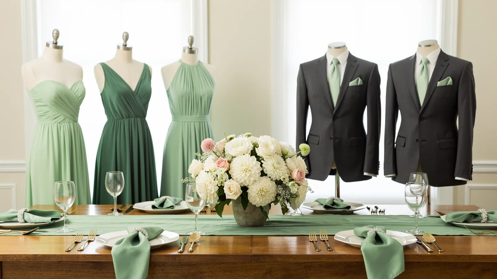 Pear & Pale Green Garden wedding color palette shown on bridesmaid dresses, groomsmen suits, florals, and a styled table