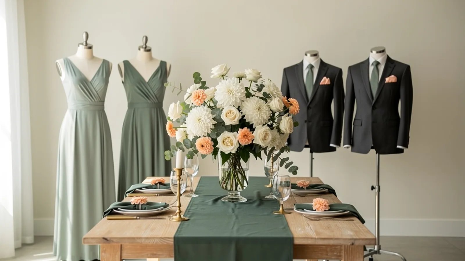 Sage, Peach & Lilac wedding color palette shown on bridesmaid dresses, groomsmen suits, florals, and a styled table