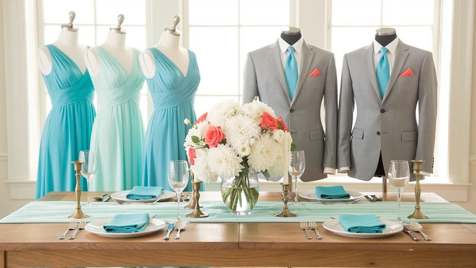 Aqua & Coral Reef wedding color palette shown on bridesmaid dresses, groomsmen suits, florals, and a styled table