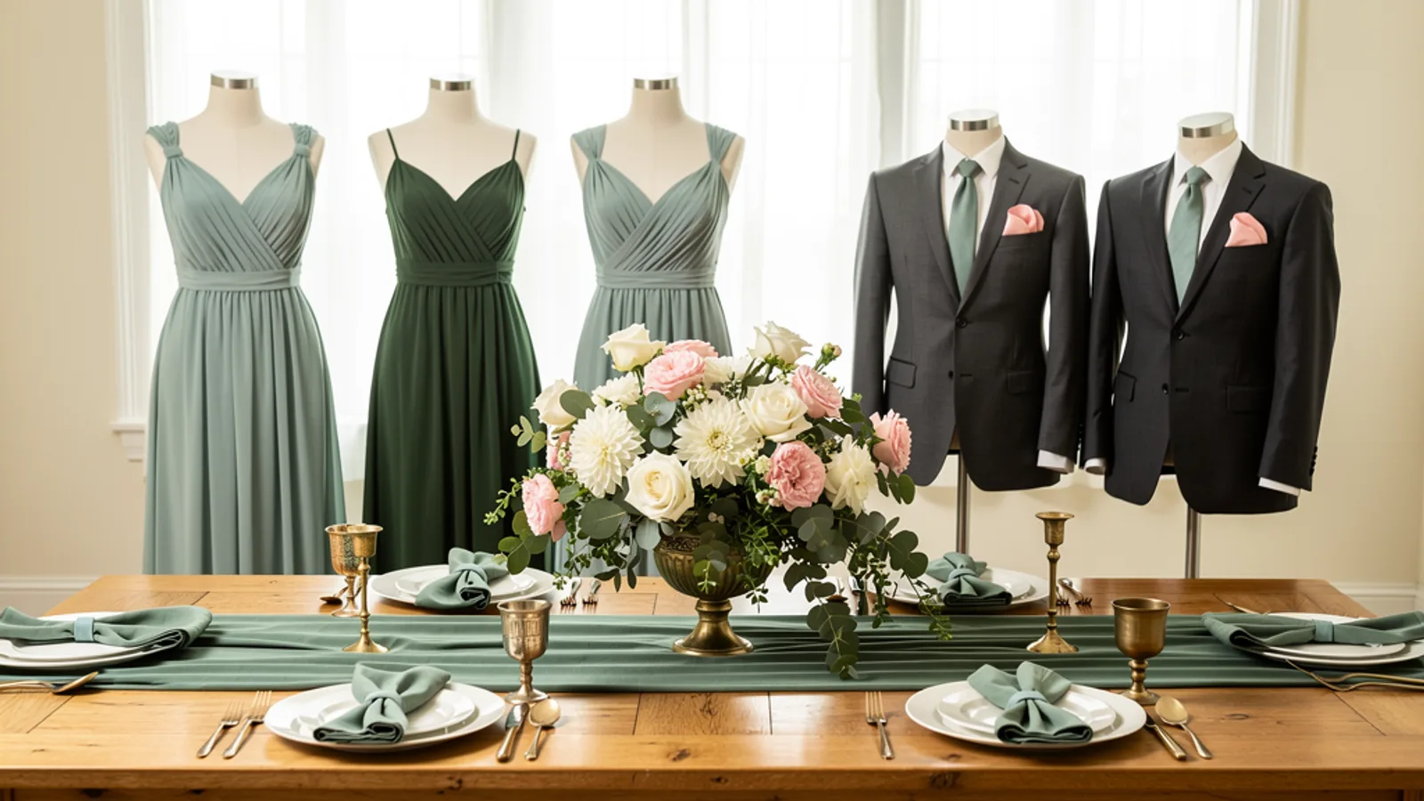 Eucalyptus & Peony wedding color palette shown on bridesmaid dresses, groomsmen suits, florals, and a styled table
