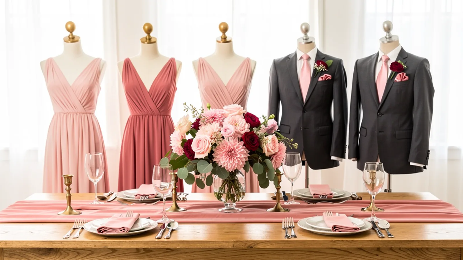 Fairytale Pink & Gold wedding color palette shown on bridesmaid dresses, groomsmen suits, florals, and a styled table