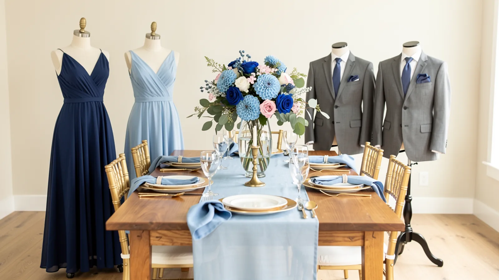 French Blue & Cream wedding color palette shown on bridesmaid dresses, groomsmen suits, florals, and a styled table