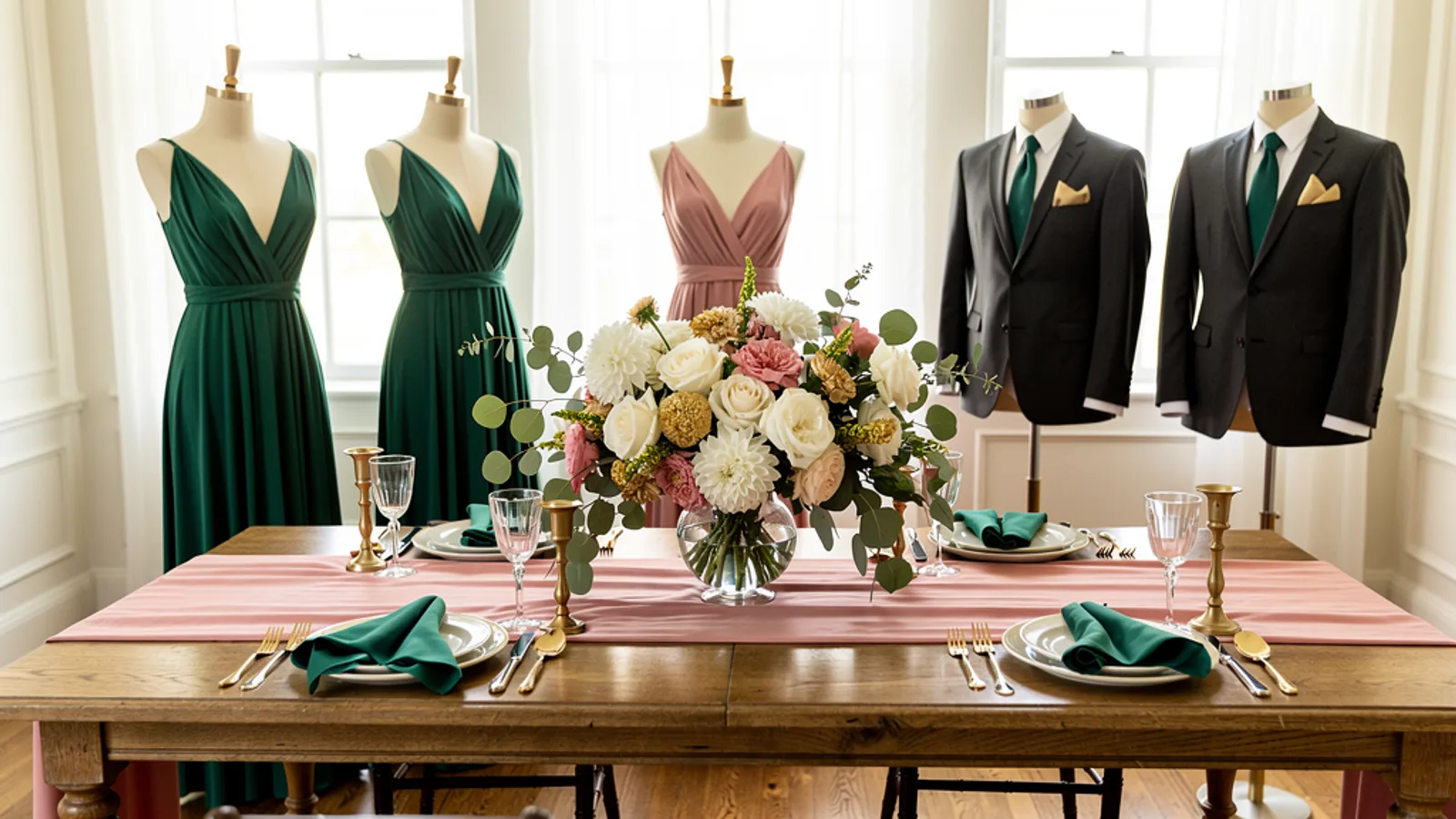 Garden Party wedding color palette shown on bridesmaid dresses, groomsmen suits, florals, and a styled table
