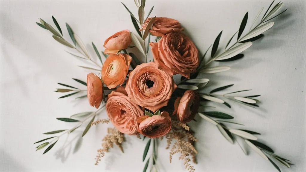A flat-lay of floral arrangement details including terracotta roses, olive branches, and sand-colored ranunculus on a white linen cloth.