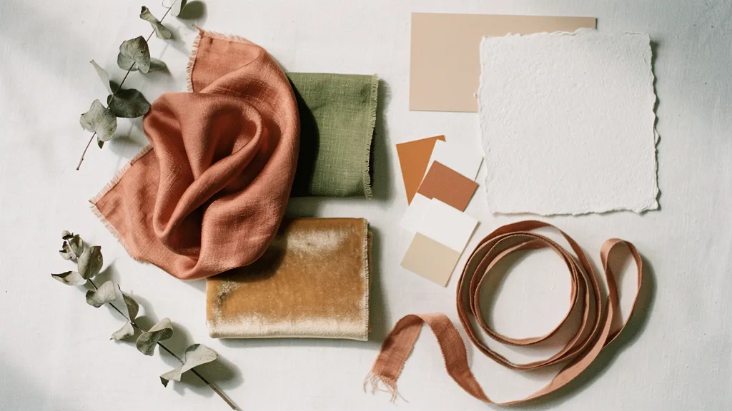 An overhead view of a wedding mood board with fabric swatches in terracotta, olive, and sand, alongside eucalyptus stems and a sienna ribbon.