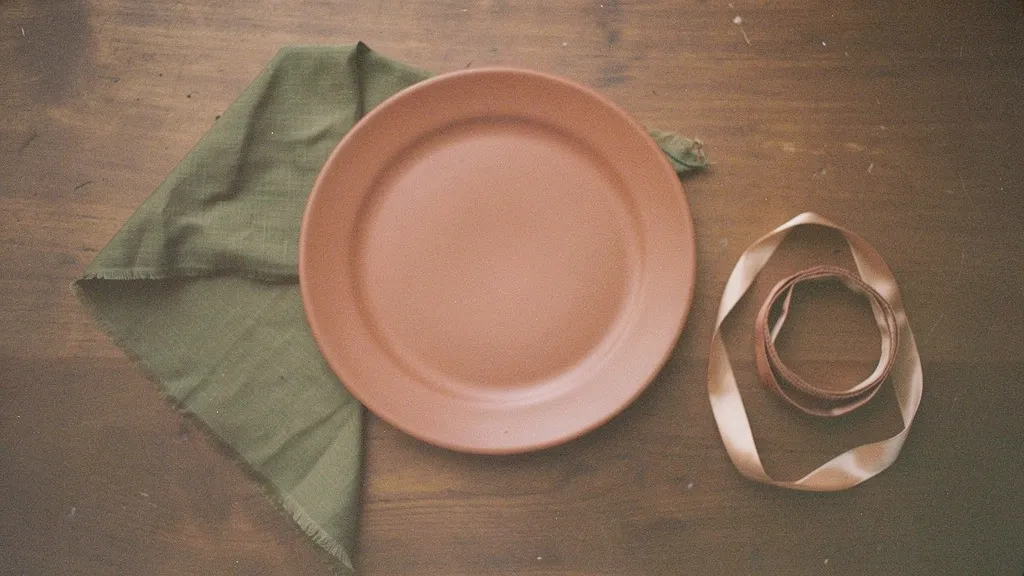 An assortment of materials with a ceramic plate, linen napkin, and silk ribbon in terracotta and sand tones on a wooden surface.
