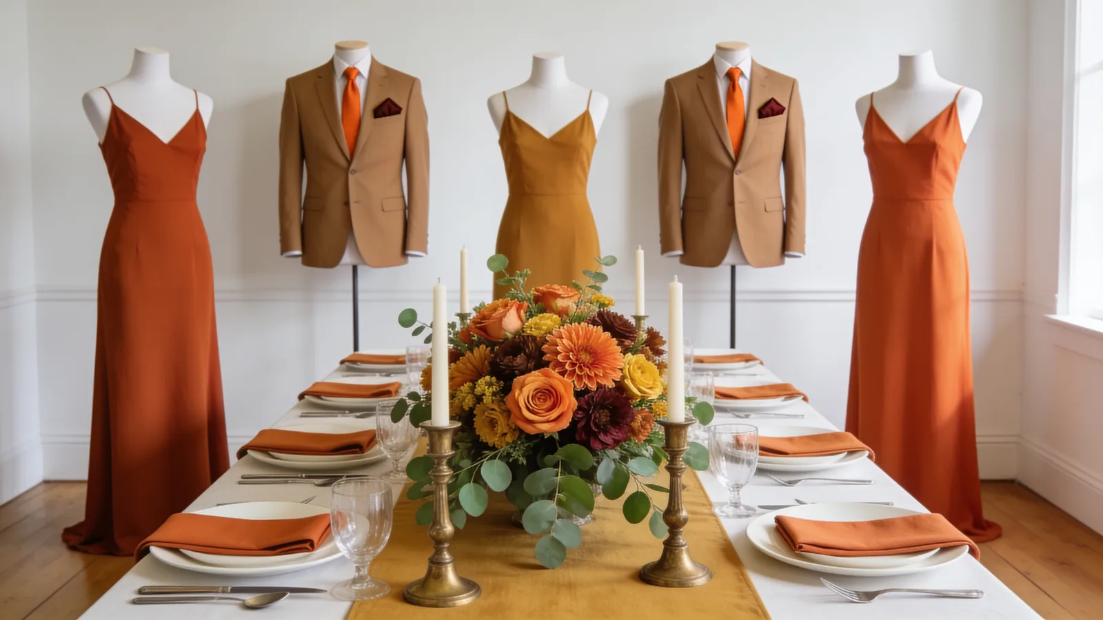 Burnt Orange & Mustard wedding color palette shown on bridesmaid dresses, groomsmen suits, florals, and a styled table