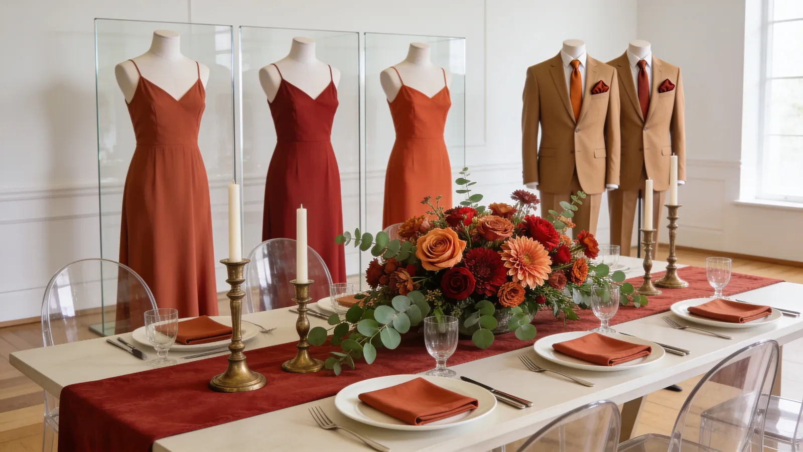 Canyon Terracotta wedding color palette shown on bridesmaid dresses, groomsmen suits, florals, and a styled table