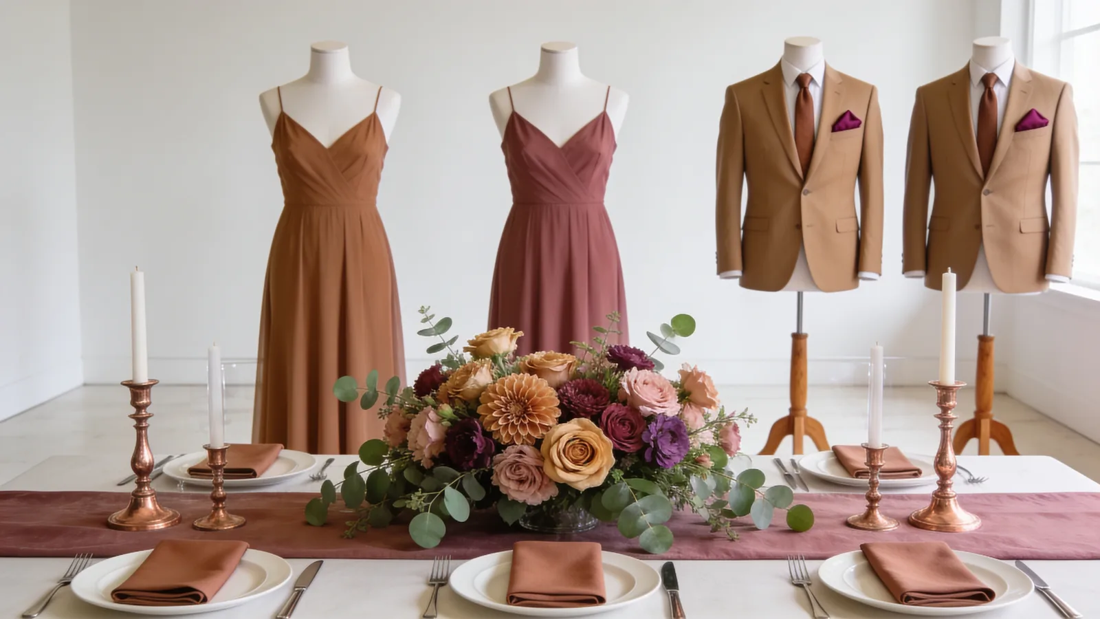 Clay & Dusty Rose wedding color palette shown on bridesmaid dresses, groomsmen suits, florals, and a styled table
