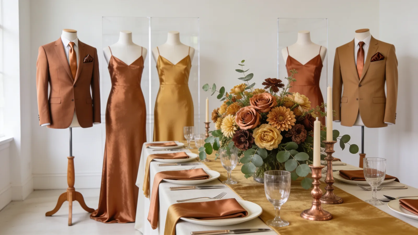 Copper Canyon wedding color palette shown on bridesmaid dresses, groomsmen suits, florals, and a styled table