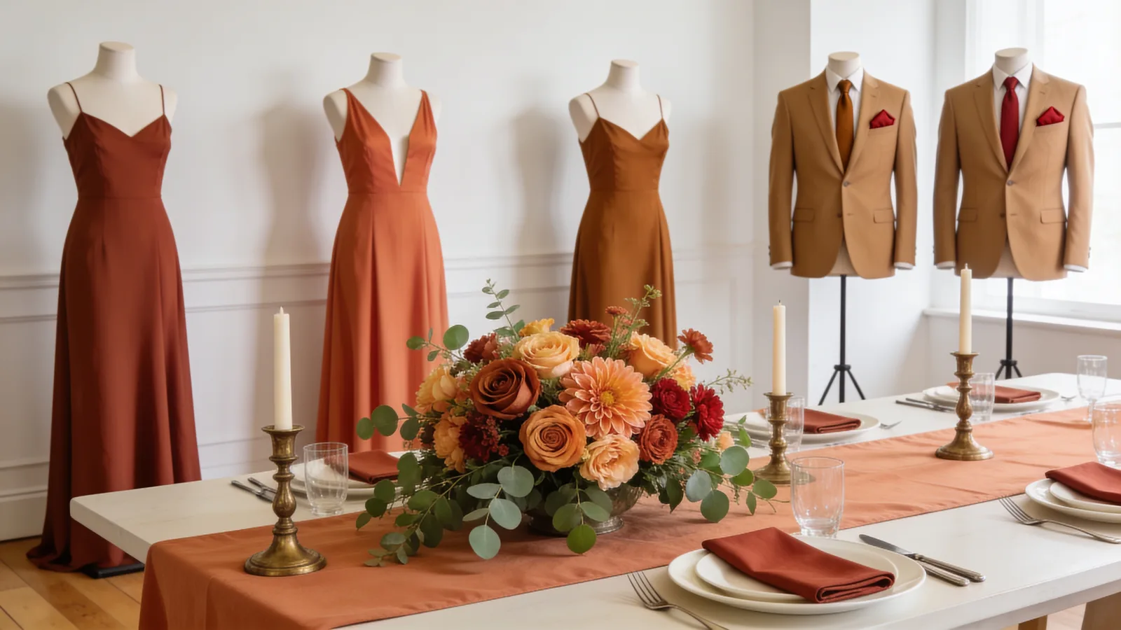 Desert Sunset wedding color palette shown on bridesmaid dresses, groomsmen suits, florals, and a styled table