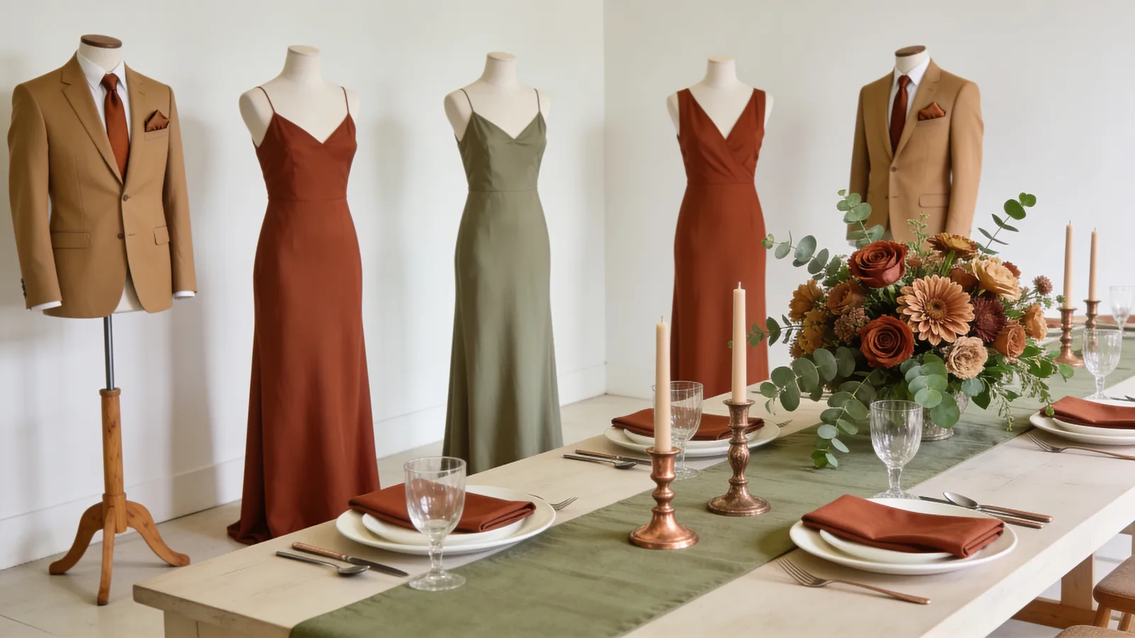 Rust & Sage wedding color palette shown on bridesmaid dresses, groomsmen suits, florals, and a styled table