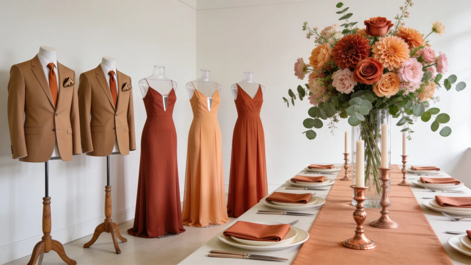 Terracotta Dusk wedding color palette shown on bridesmaid dresses, groomsmen suits, florals, and a styled table