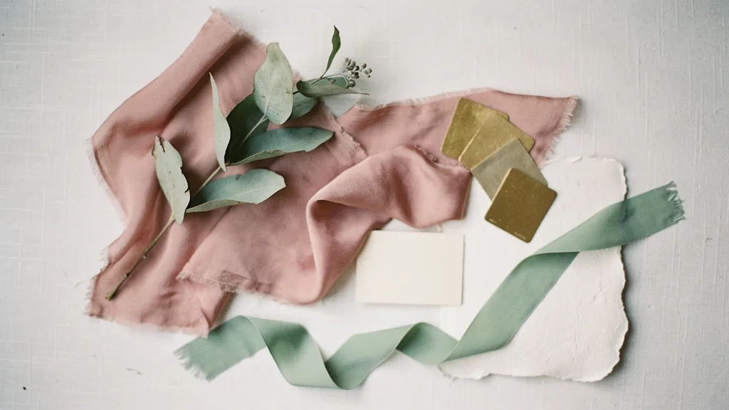 A vintage wedding mood board with silk swatches, eucalyptus, paint chips, a ribbon, a blank card, and textured paper arranged elegantly.
