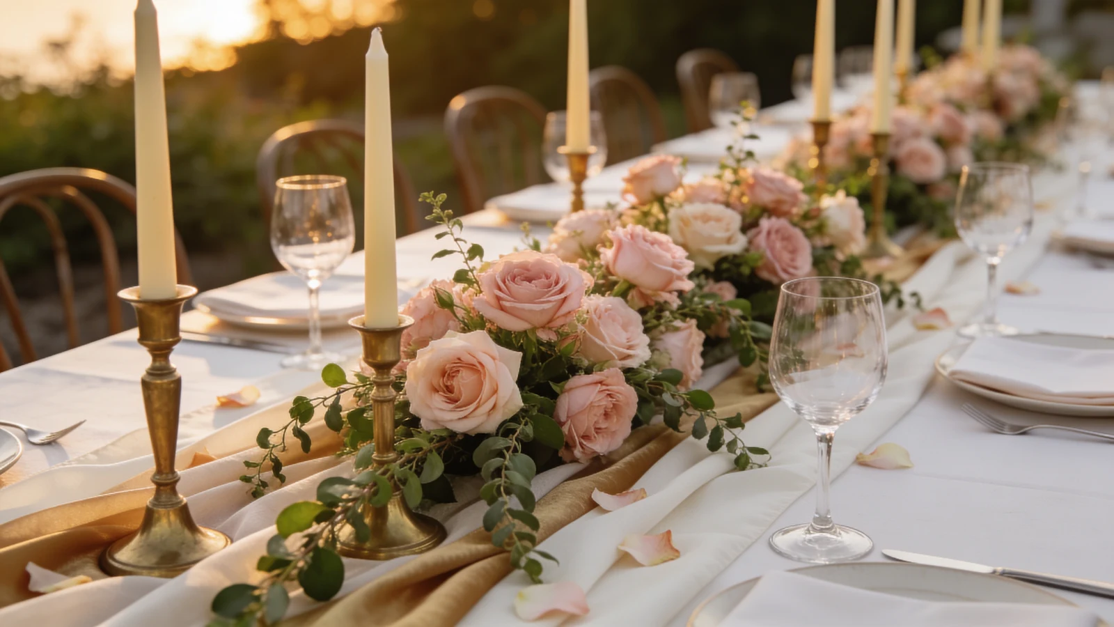Styled wedding reception table with candles, florals, and layered linen