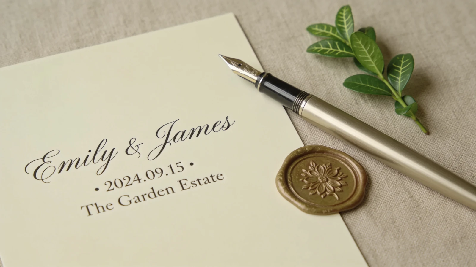 Wedding invitation suite with calligraphy, envelope, and wax seal