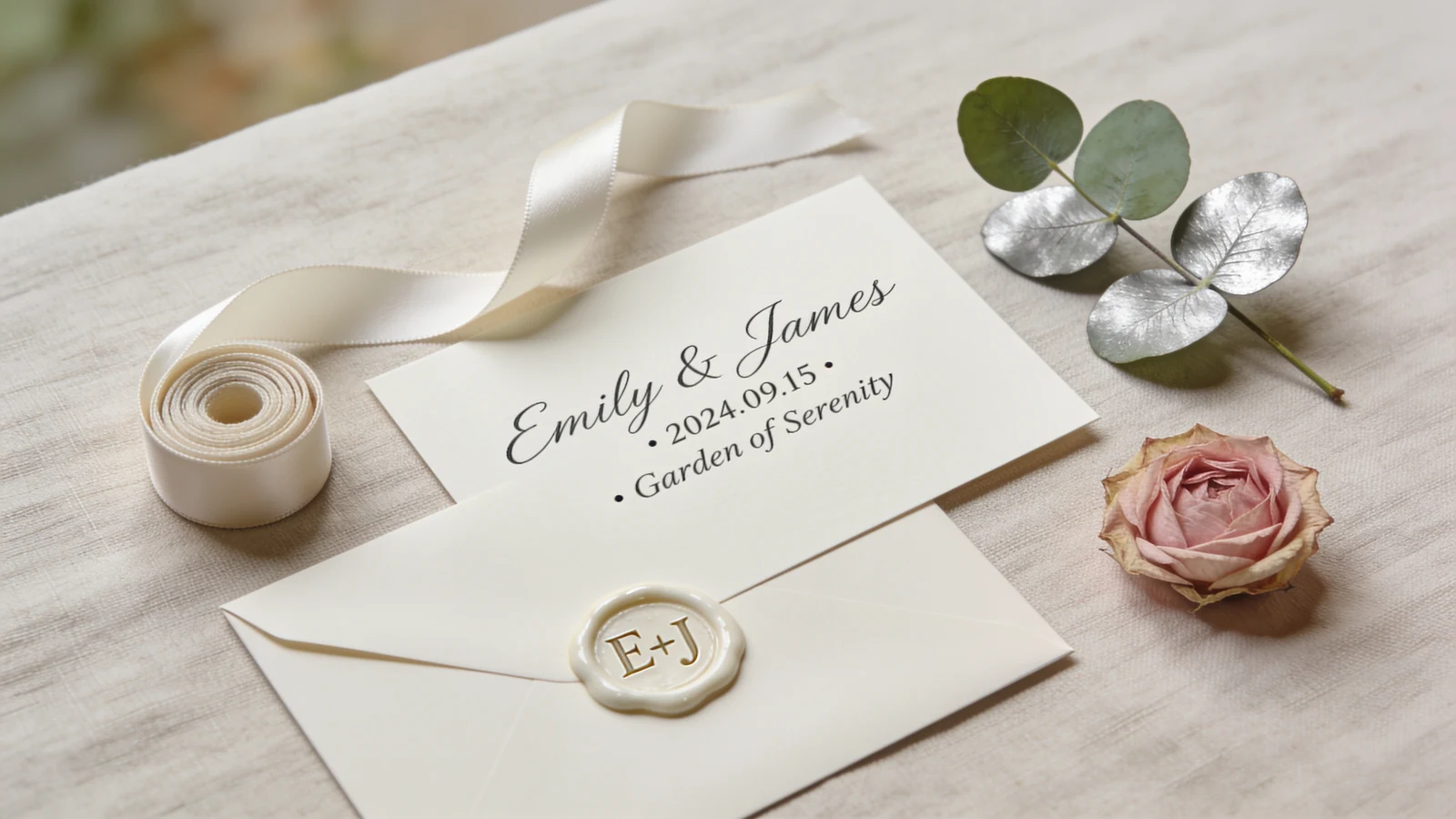 Wedding invitation suite flat-lay with calligraphy, envelope, wax seal, and ribbon