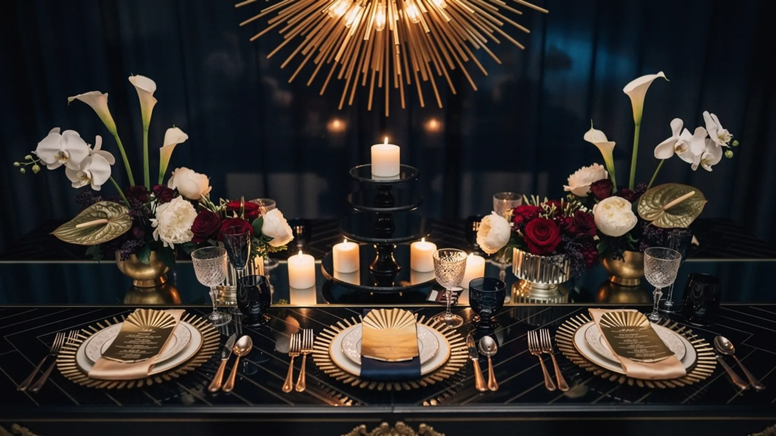 Art Deco Speakeasy wedding aesthetic — A black-lacquered tablescape under a brass sunburst chandelier, smoked-mirror runner doubling the candle flames.