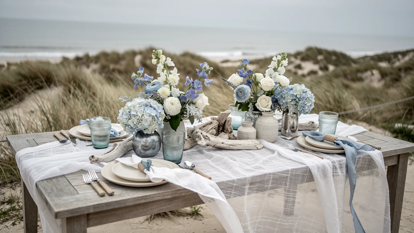 Coastal Sea-Glass wedding aesthetic — A long ivory table on weathered teak overlooking dunes, gauzy runners lifting in the sea breeze.