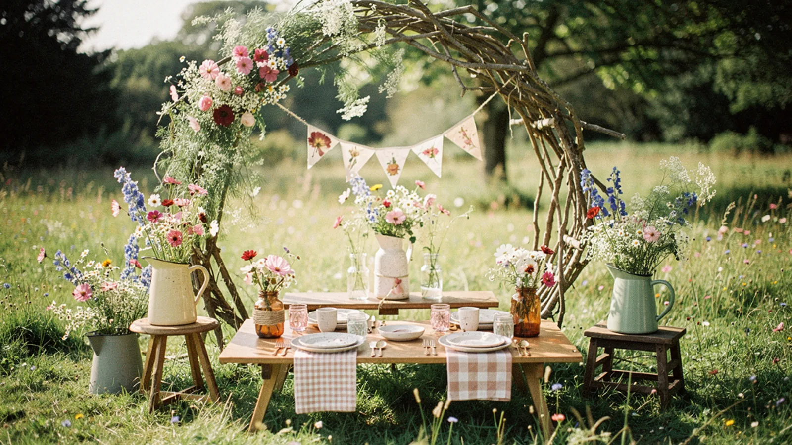 Cottagecore Wildflower wedding aesthetic — A foraged-branch arch loosely woven with cosmos and queen-anne's-lace over a grassy meadow.