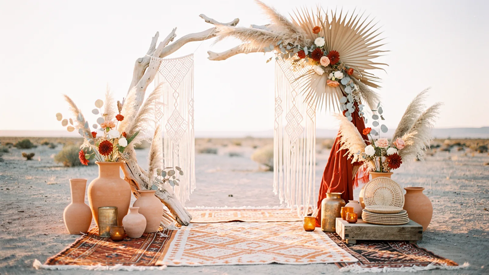 Bohemian wedding scene with terracotta tones, pampas grass, and layered natural textures