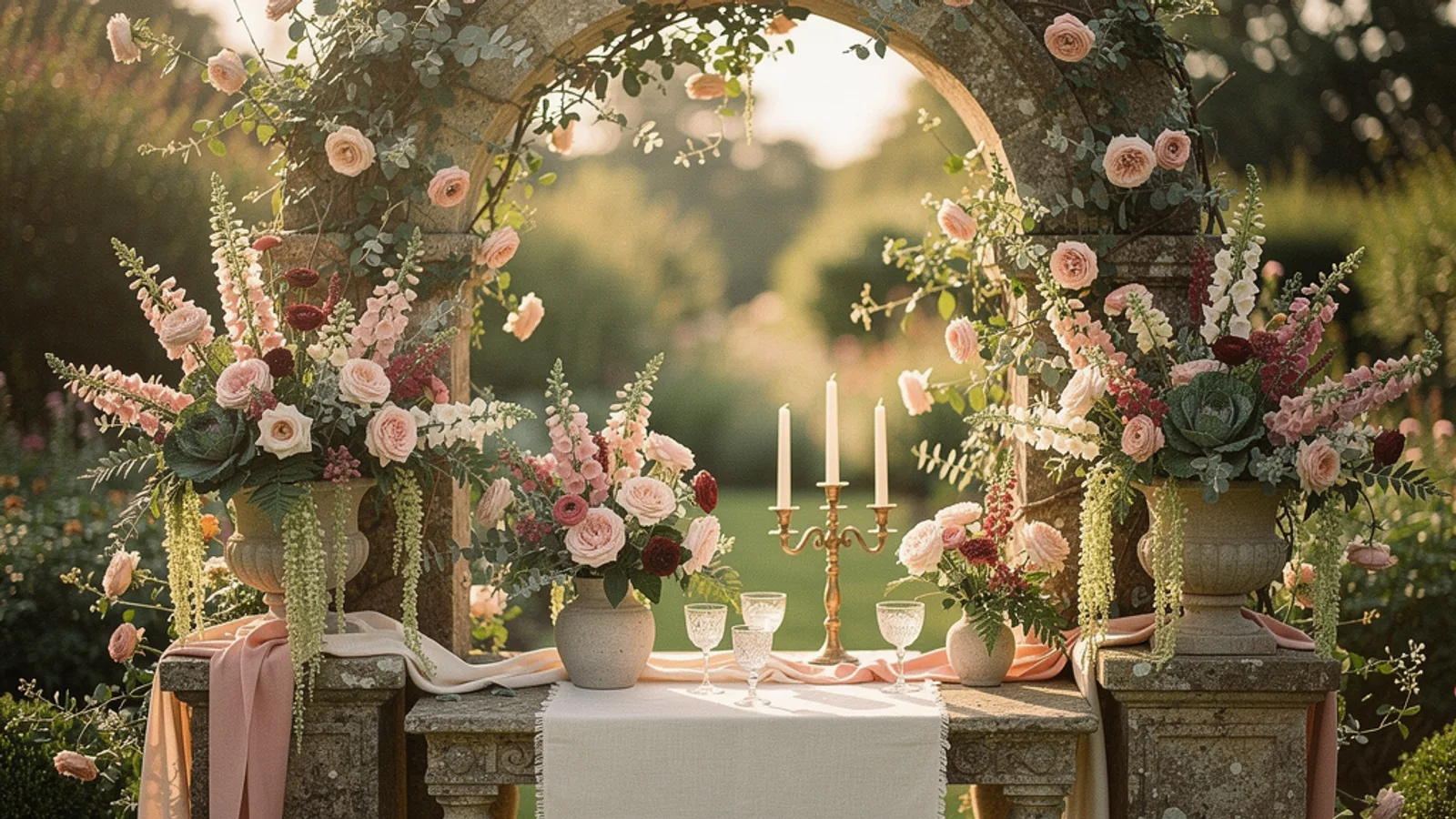 English Garden Romantic wedding aesthetic — A stone garden archway smothered in climbing blush roses and trailing greenery, soft sun raking through.